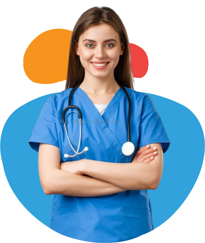Smiling nurse in blue scrubs with a stethoscope stands confidently against a colorful shape background.