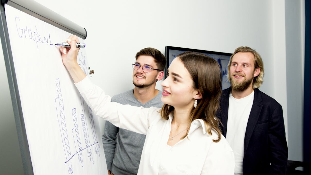 Flip-chart presentation – A woman sketches bar graphs on a flip chart while two male colleagues look on attentively.